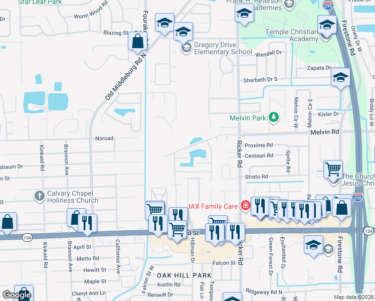map of restaurants, bars, coffee shops, grocery stores, and more near 7781 Highchair Lane in Jacksonville