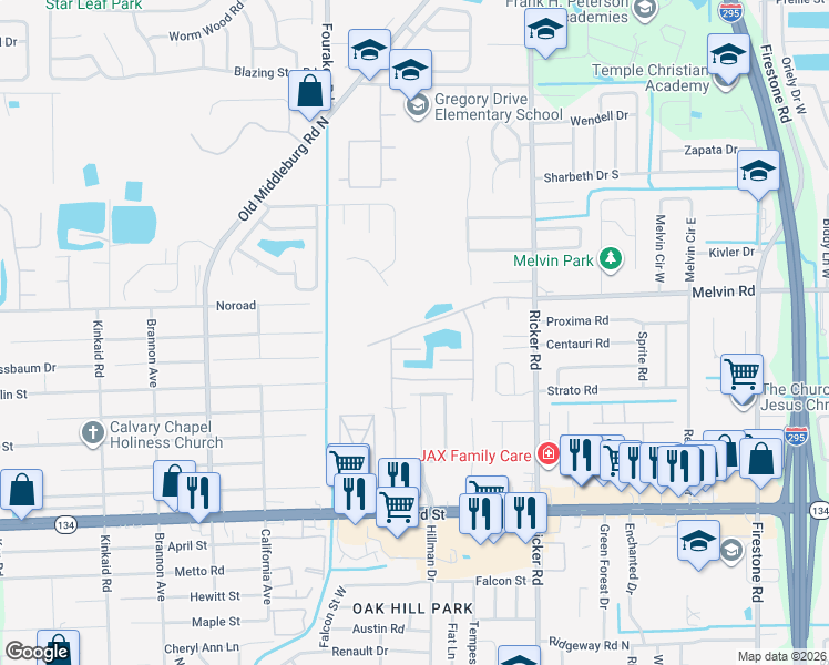 map of restaurants, bars, coffee shops, grocery stores, and more near 4727 Playpen Drive in Jacksonville