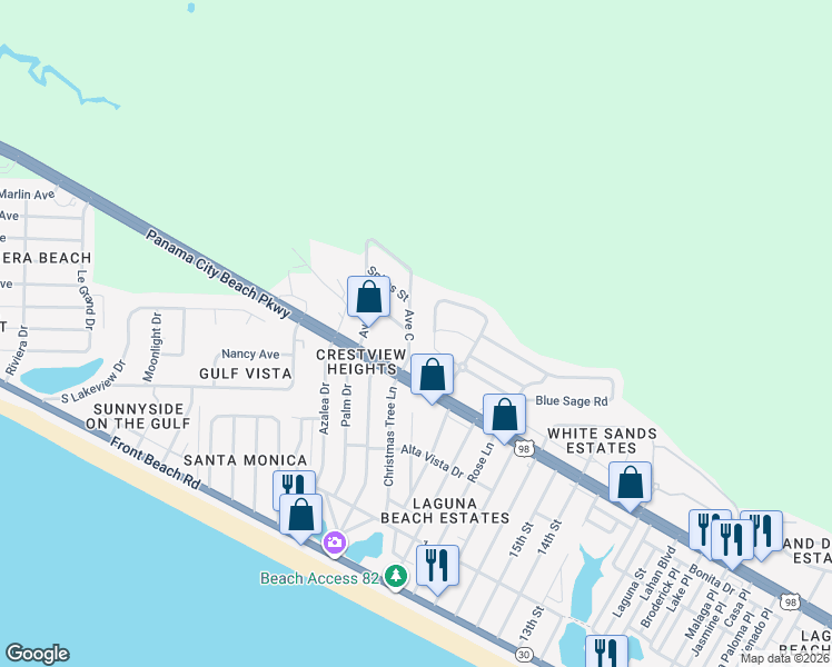 map of restaurants, bars, coffee shops, grocery stores, and more near 20678 Panama City Beach Parkway in Panama City Beach