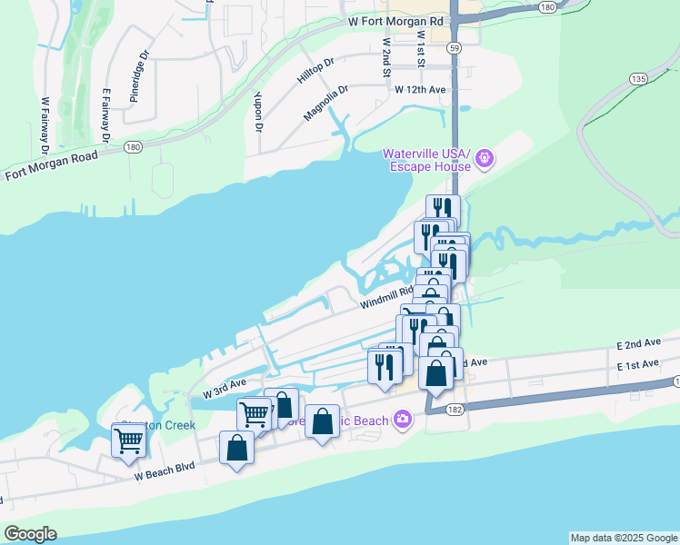 map of restaurants, bars, coffee shops, grocery stores, and more near 236 Sunrise Drive in Gulf Shores