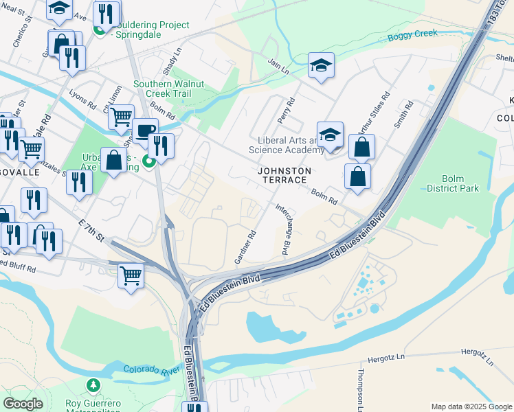 map of restaurants, bars, coffee shops, grocery stores, and more near 701-913 Gardner Rd in Austin