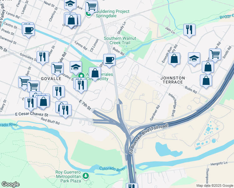 map of restaurants, bars, coffee shops, grocery stores, and more near 731 Airport Boulevard in Austin