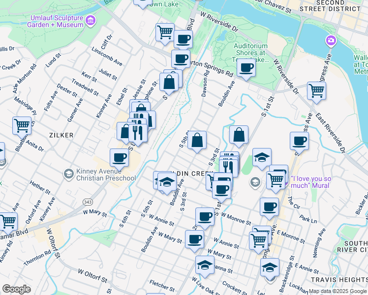 map of restaurants, bars, coffee shops, grocery stores, and more near 908 West Gibson Street in Austin