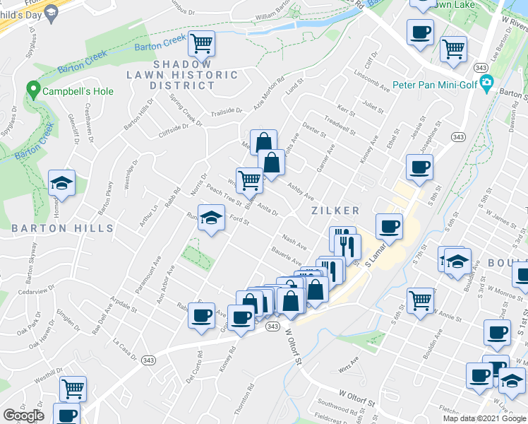 map of restaurants, bars, coffee shops, grocery stores, and more near 1810 Ford Street in Austin