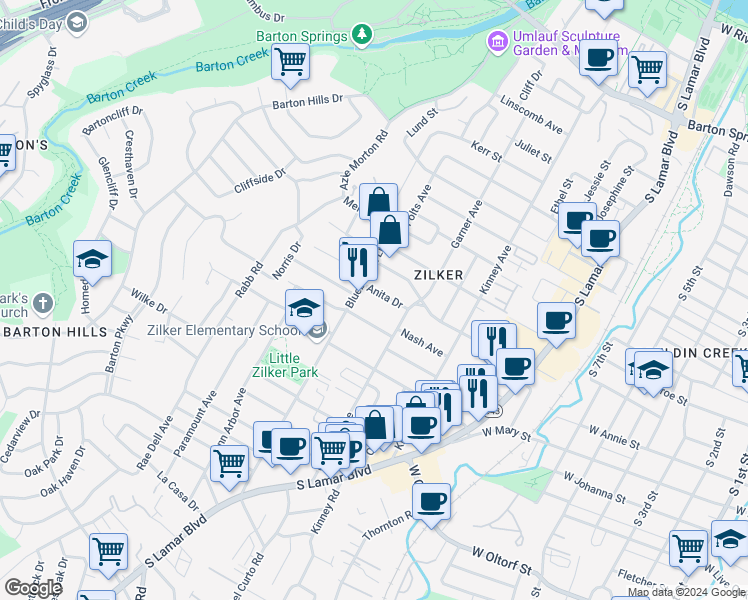 map of restaurants, bars, coffee shops, grocery stores, and more near 1810 Ford Street in Austin