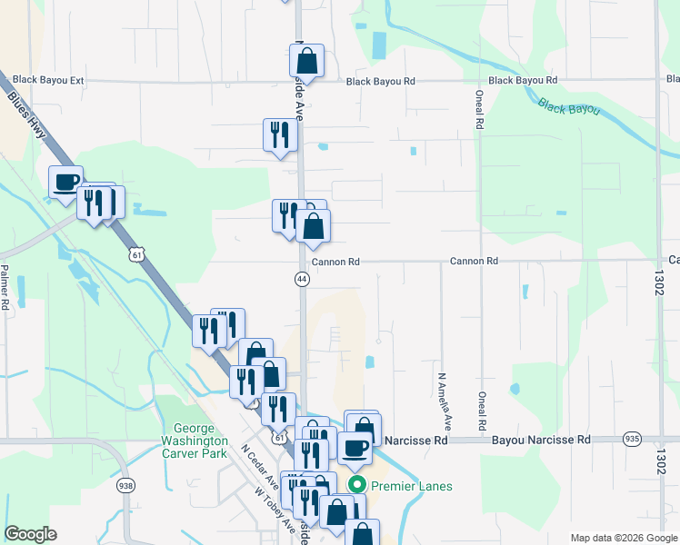 map of restaurants, bars, coffee shops, grocery stores, and more near 41063 Cannon Road in Gonzales