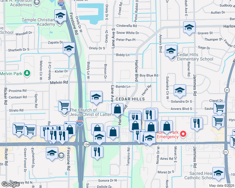 map of restaurants, bars, coffee shops, grocery stores, and more near 6840 Londonbridge Lane in Jacksonville