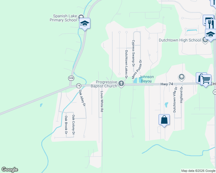 map of restaurants, bars, coffee shops, grocery stores, and more near 36029 Louisiana 74 in Geismar