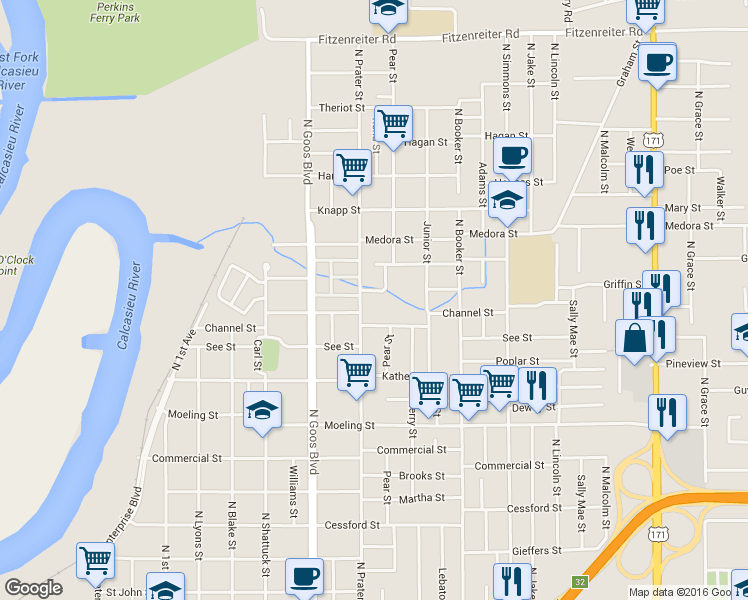 map of restaurants, bars, coffee shops, grocery stores, and more near 2017 See Street in Lake Charles