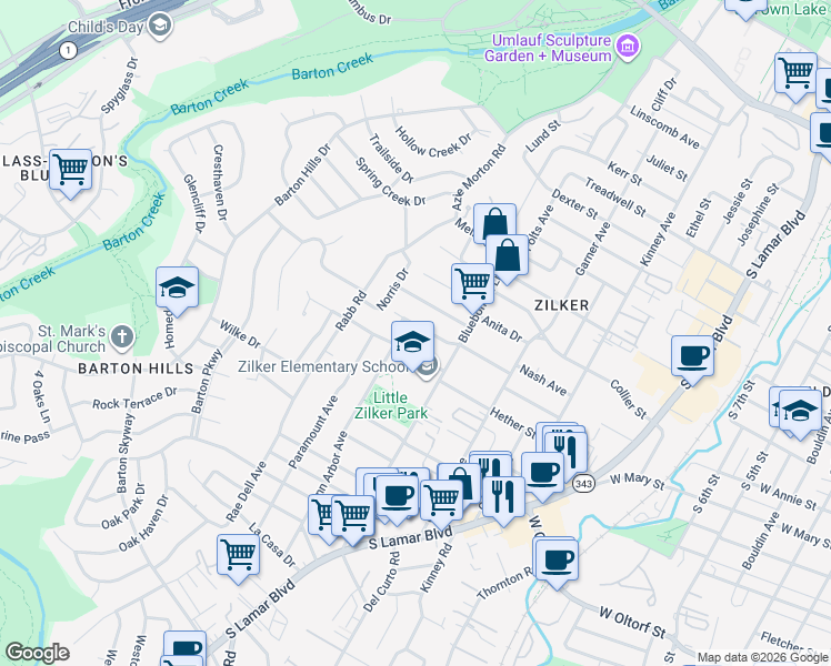 map of restaurants, bars, coffee shops, grocery stores, and more near 2016 Rundell Place in Austin