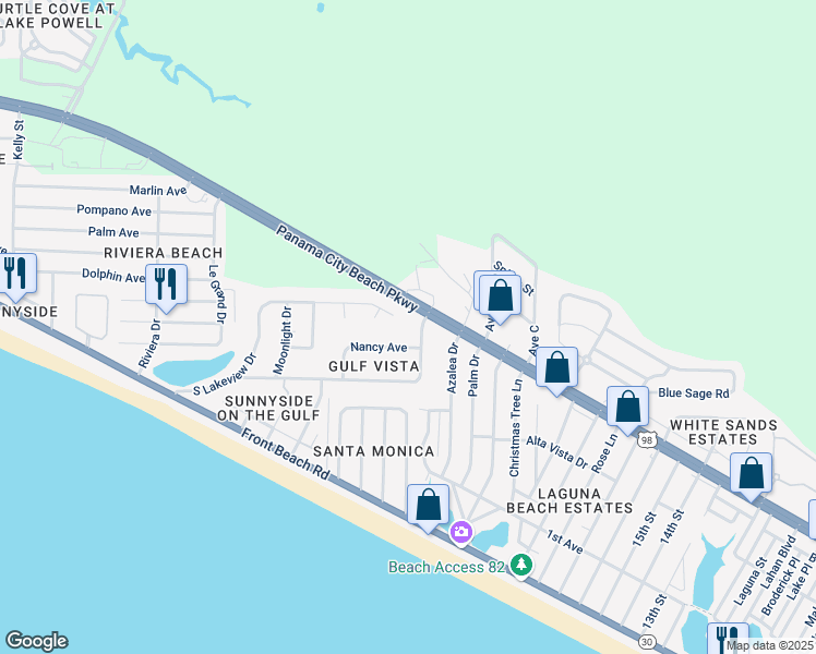 map of restaurants, bars, coffee shops, grocery stores, and more near 200 Nancy Avenue in Panama City Beach