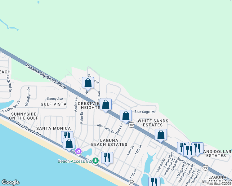 map of restaurants, bars, coffee shops, grocery stores, and more near 200 Laurel Oak Lane in Panama City Beach