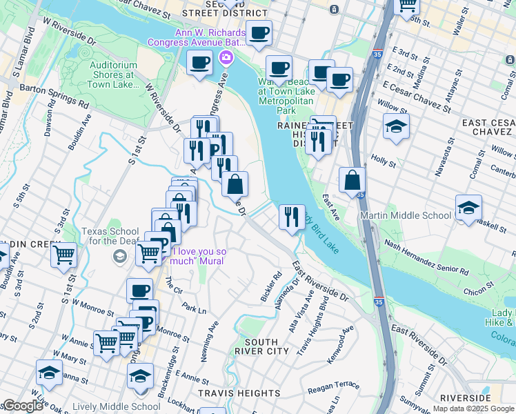 map of restaurants, bars, coffee shops, grocery stores, and more near 322 East Riverside Drive in Austin