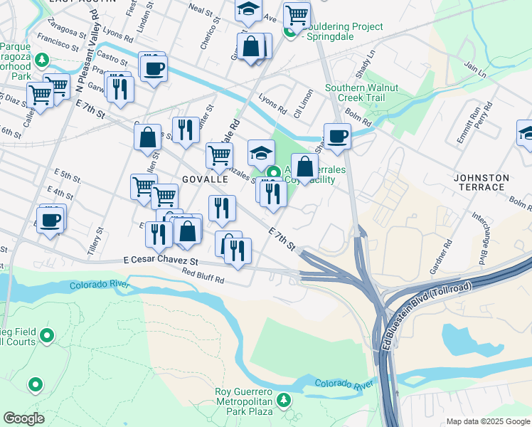 map of restaurants, bars, coffee shops, grocery stores, and more near 5012 East 7th Street in Austin