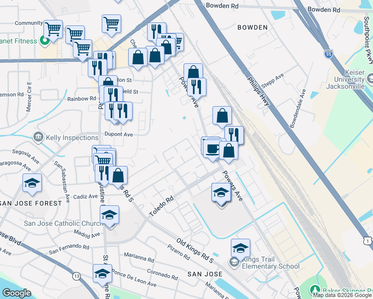 map of restaurants, bars, coffee shops, grocery stores, and more near 3918 La Mirada Drive North in Jacksonville