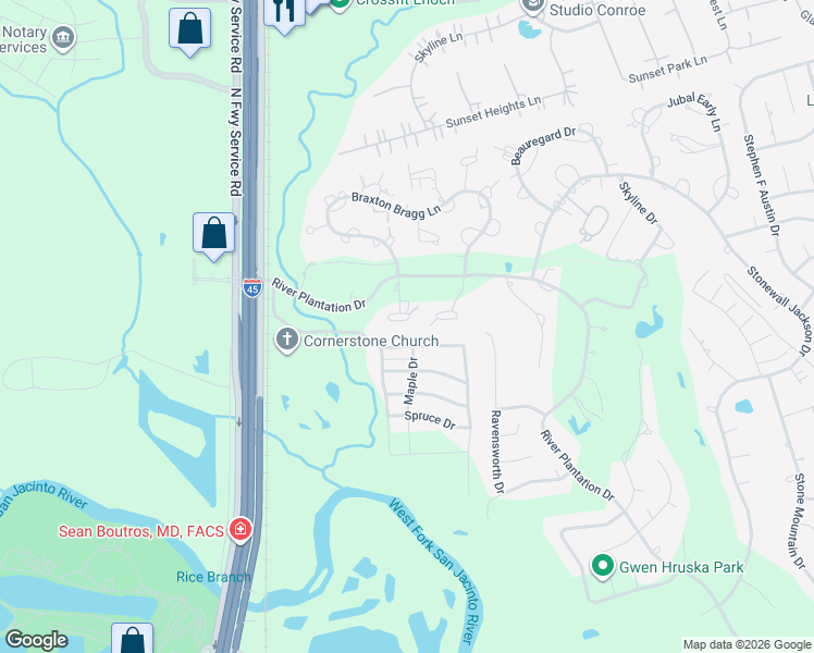 map of restaurants, bars, coffee shops, grocery stores, and more near 300 Tara Park in Conroe