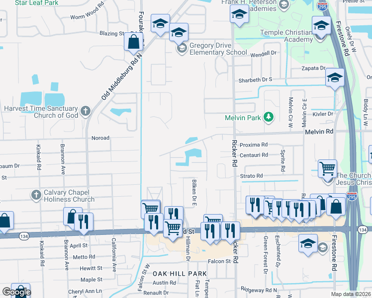map of restaurants, bars, coffee shops, grocery stores, and more near 7770 Melvin Road in Jacksonville