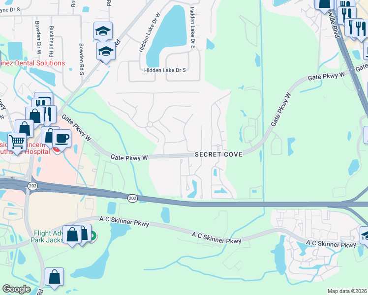 map of restaurants, bars, coffee shops, grocery stores, and more near 8341 Copperwood Lane in Jacksonville