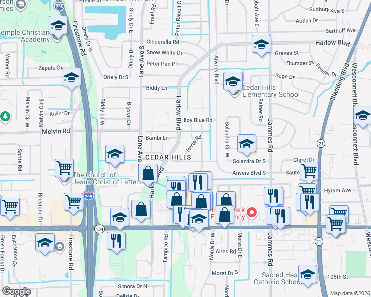 map of restaurants, bars, coffee shops, grocery stores, and more near 4622 Morley Lane in Jacksonville