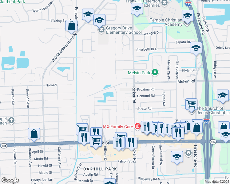 map of restaurants, bars, coffee shops, grocery stores, and more near 4609 Playschool Drive in Jacksonville
