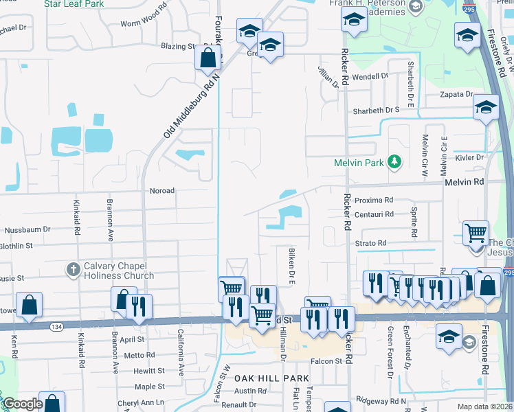 map of restaurants, bars, coffee shops, grocery stores, and more near 7855 Melvin Road in Jacksonville
