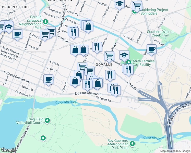 map of restaurants, bars, coffee shops, grocery stores, and more near 600 Springdale Road in Austin