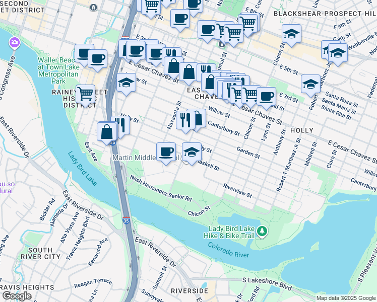 map of restaurants, bars, coffee shops, grocery stores, and more near 1505 Holly Street in Austin