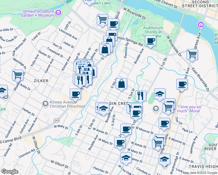 map of restaurants, bars, coffee shops, grocery stores, and more near 1102 South 5th Street in Austin