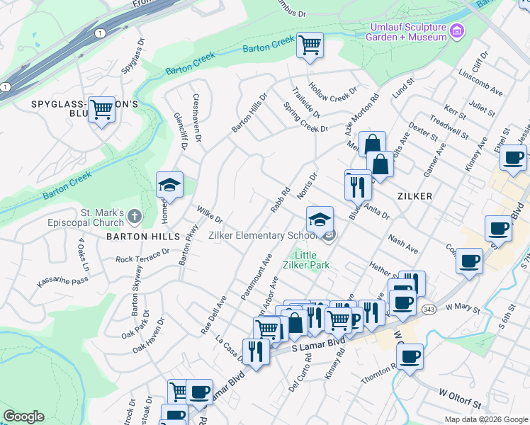 map of restaurants, bars, coffee shops, grocery stores, and more near 2304 Rundell Place in Austin