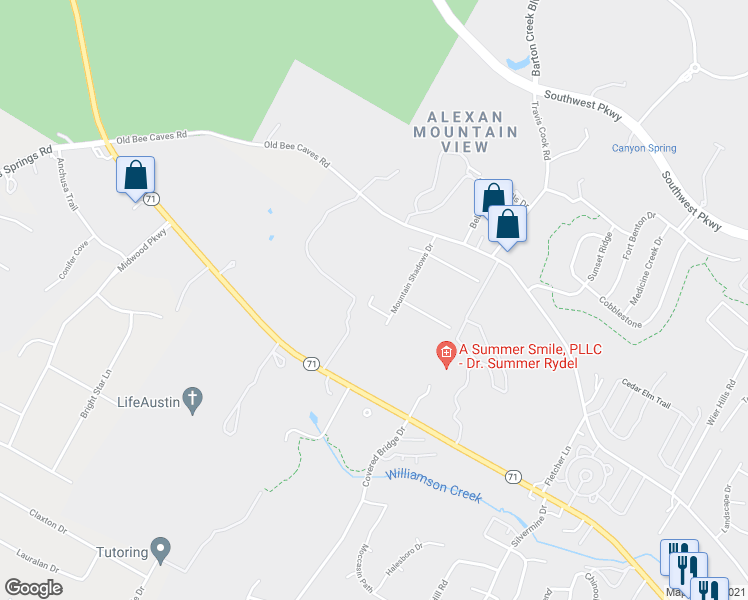 map of restaurants, bars, coffee shops, grocery stores, and more near 8921 Mountain Shadows Cove in Austin