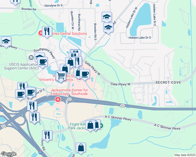 map of restaurants, bars, coffee shops, grocery stores, and more near 8074 Gate Parkway West in Jacksonville