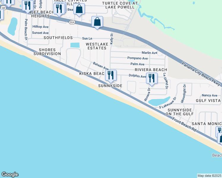 map of restaurants, bars, coffee shops, grocery stores, and more near 21823 Front Beach Road in Panama City Beach