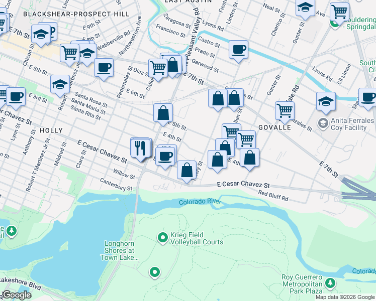 map of restaurants, bars, coffee shops, grocery stores, and more near 3007 East 4th Street in Austin