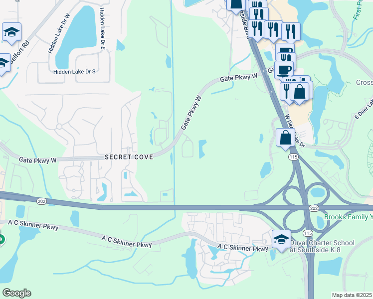 map of restaurants, bars, coffee shops, grocery stores, and more near 8616 Gate Parkway West in Jacksonville