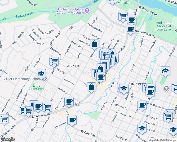 map of restaurants, bars, coffee shops, grocery stores, and more near 1307 Kinney Avenue in Austin