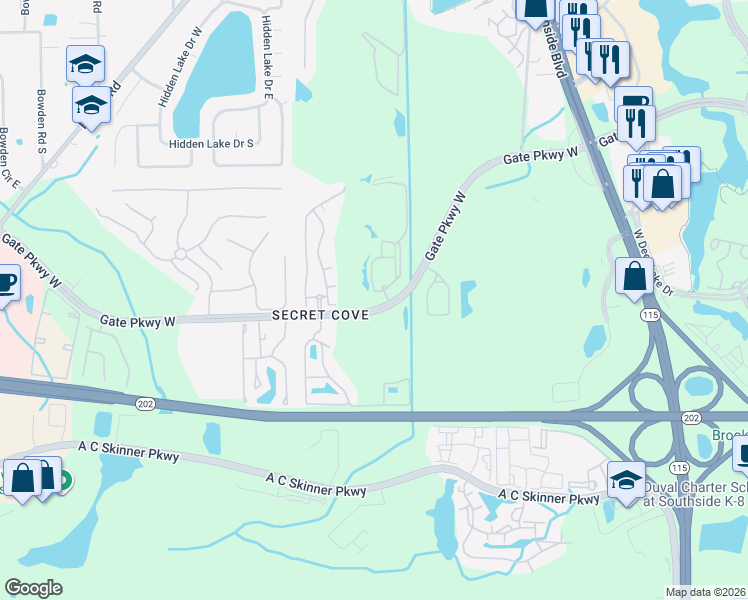 map of restaurants, bars, coffee shops, grocery stores, and more near 8539 Gate Parkway West in Jacksonville