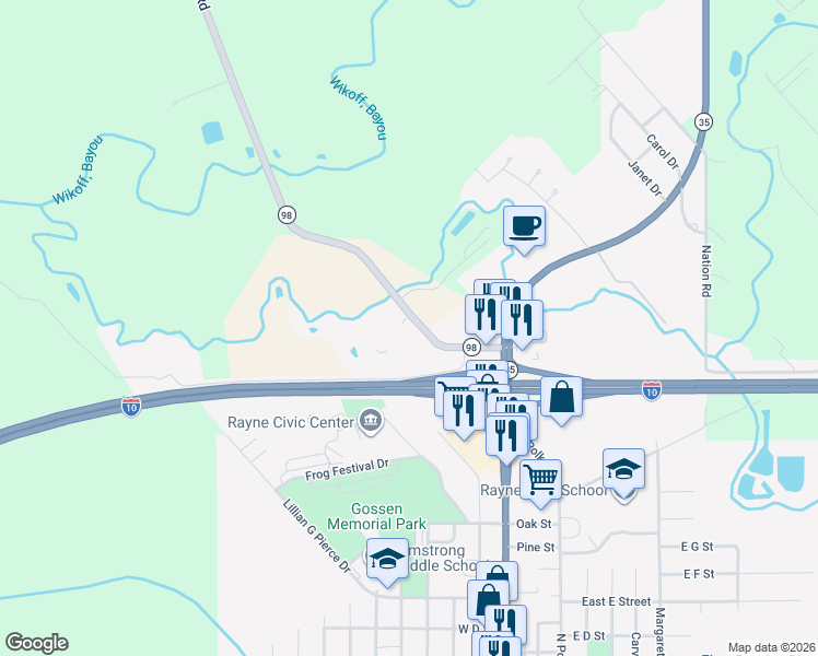 map of restaurants, bars, coffee shops, grocery stores, and more near 9220 Roberts Cove Road in Rayne