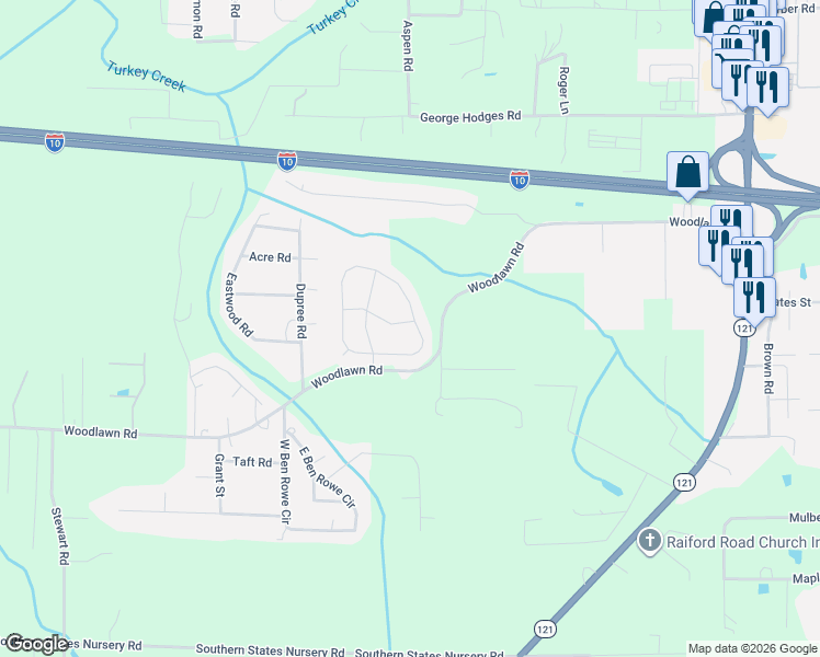 map of restaurants, bars, coffee shops, grocery stores, and more near 5754 Woodlawn Road in Macclenny