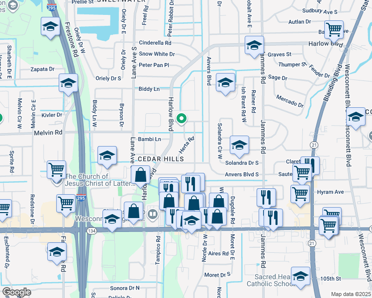 map of restaurants, bars, coffee shops, grocery stores, and more near 4639 Herta Road in Jacksonville