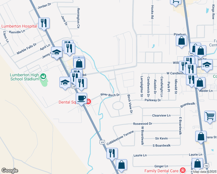 map of restaurants, bars, coffee shops, grocery stores, and more near Chaple Creek Drive in Lumberton
