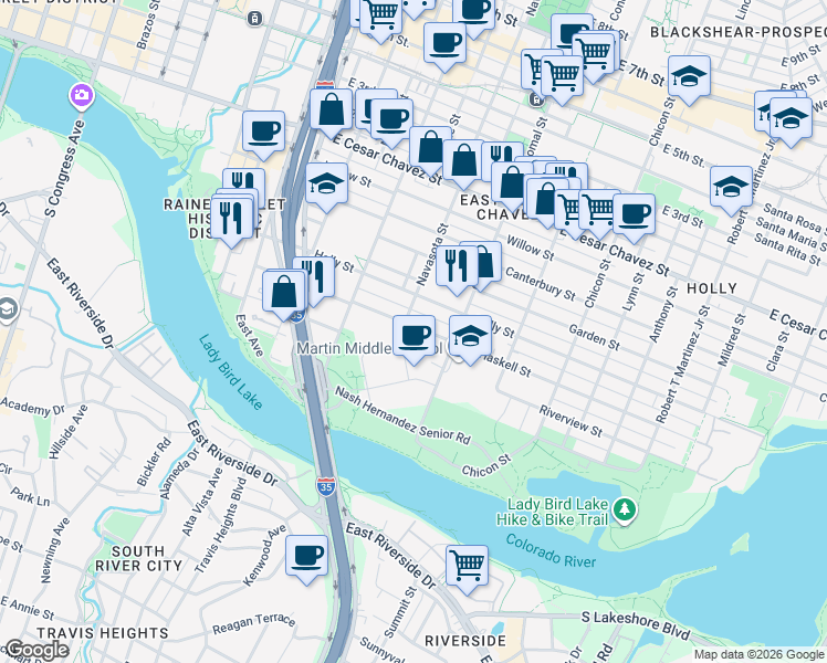 map of restaurants, bars, coffee shops, grocery stores, and more near 54 Navasota Street in Austin