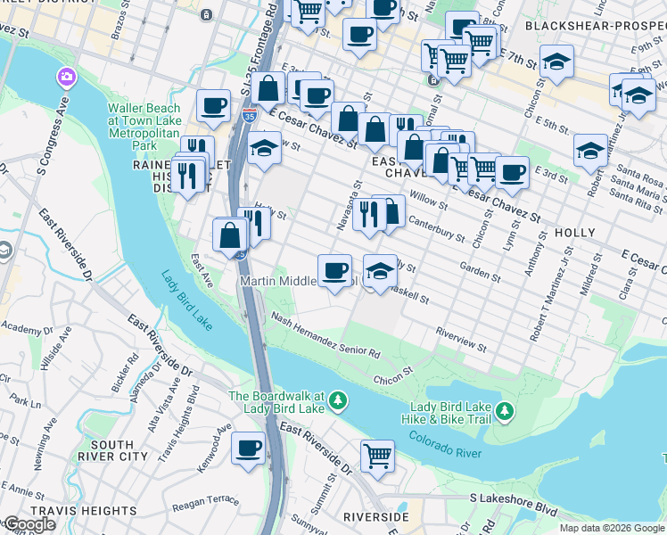 map of restaurants, bars, coffee shops, grocery stores, and more near 49 Navasota Street in Austin