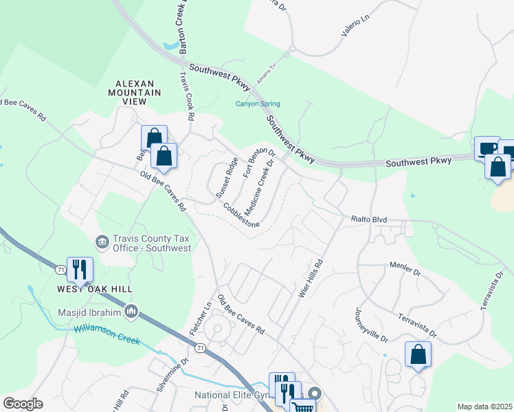 map of restaurants, bars, coffee shops, grocery stores, and more near 5725 Medicine Creek Drive in Austin