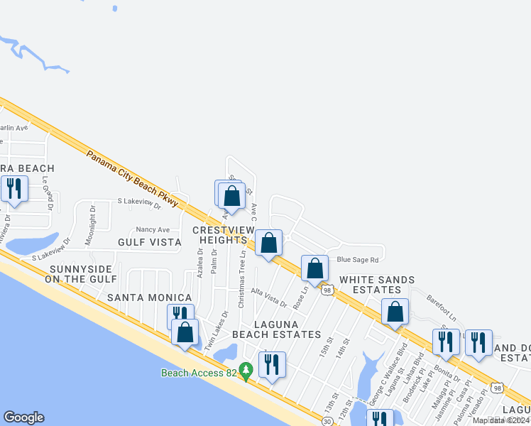 map of restaurants, bars, coffee shops, grocery stores, and more near 215 Sand Oak Boulevard in Panama City Beach