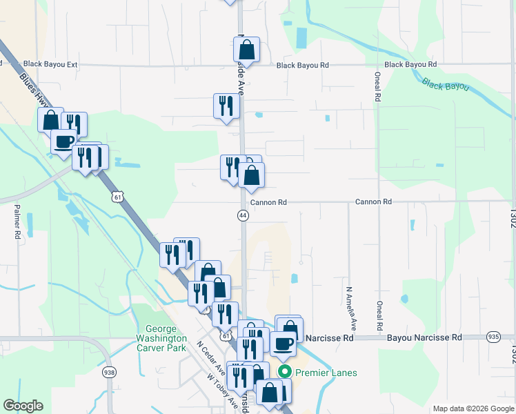 map of restaurants, bars, coffee shops, grocery stores, and more near 41044 Cannon Road in Gonzales