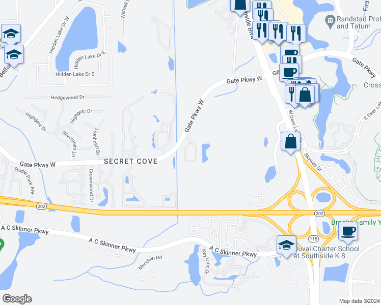 map of restaurants, bars, coffee shops, grocery stores, and more near 4890 Florida Club Circle in Jacksonville