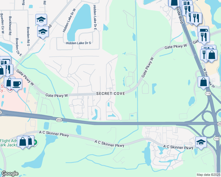map of restaurants, bars, coffee shops, grocery stores, and more near 8451 Gate Parkway West in Jacksonville