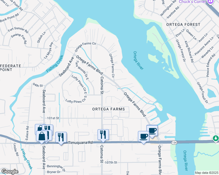 map of restaurants, bars, coffee shops, grocery stores, and more near 4800 Ortega Farms Boulevard in Jacksonville
