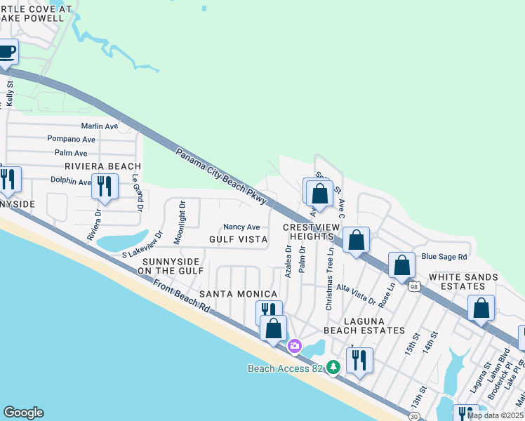 map of restaurants, bars, coffee shops, grocery stores, and more near 20904 South Lakeview Drive in Panama City Beach