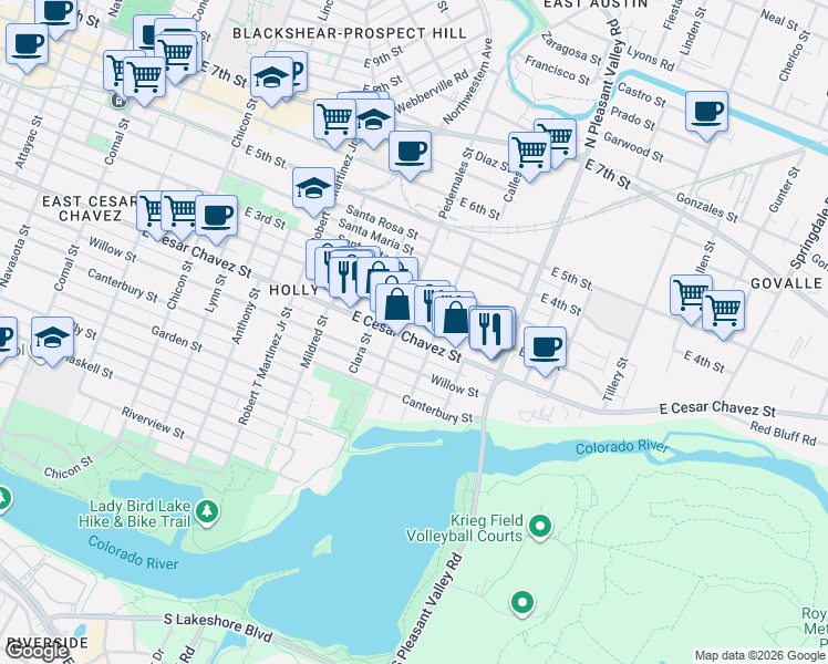 map of restaurants, bars, coffee shops, grocery stores, and more near 2503 East 2nd Street in Austin